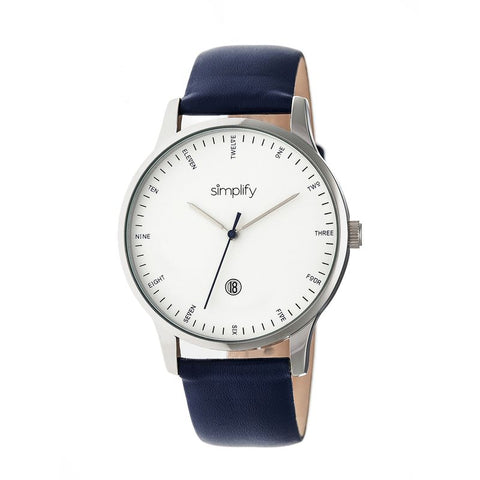 Simplify The 4300 Leather-Band Watch w/Date - Silver/Navy SIM4304