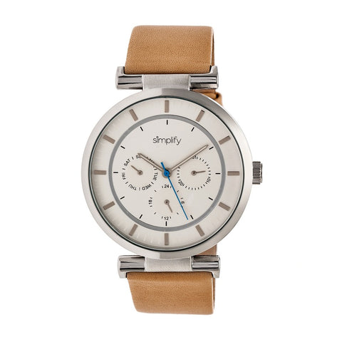 Simplify The 4800 Leather-Band Watch w/Day/Date - Khaki/Silver SIM4805