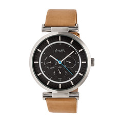 Simplify The 4800 Leather-Band Watch w/Day/Date - Khaki/Black